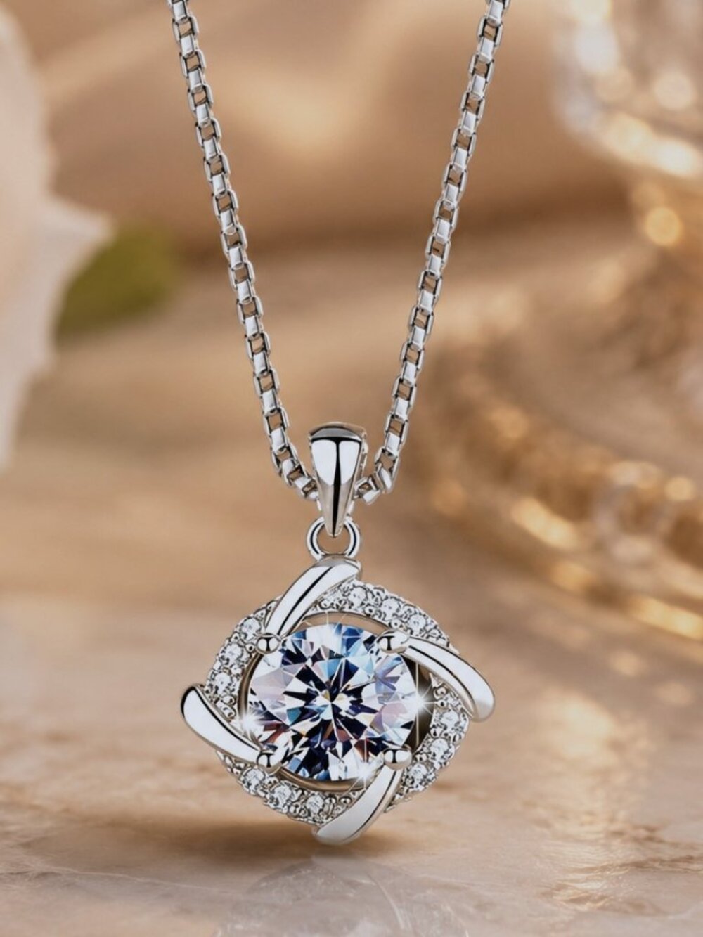 1 Carat Windmill Moissanite Halo 925 Sterling Silver Pendant Necklace